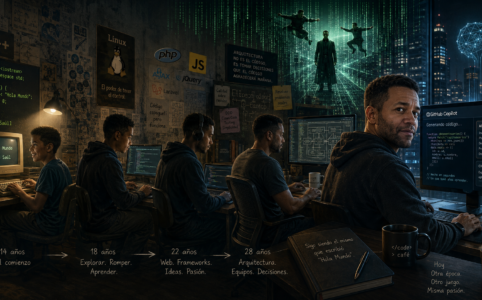 Programador recorriendo la evolución de la programación desde C++ y Linux hasta la inteligencia artificial